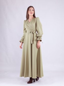 Yağ Yeşili Uzun Kruvaze Yaka Kol Elbise