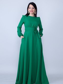 Yeşil Yuvarlak Yaka Uzun Kol Dokuma Kumaş Beli Büzgülü Kuşaklı Cepli Maksi Abiye Elbise