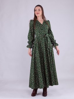 Zümrüt Yeşili Uzun Çiçek Desenli Kadife Kruvaze Yaka Kol Elbise