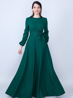 Zümrüt Yeşili Yuvarlak Yaka Uzun Kol Dokuma Kumaş Beli Büzgülü Kuşaklı Cepli Abiye Elbise