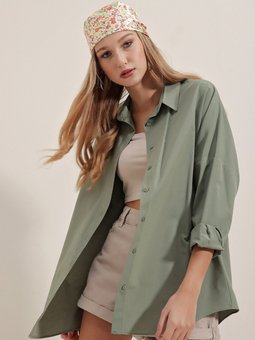Oversize Uzun Basic Haki Gömlek