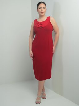 Kırmızı Degaje Yaka Taş Detaylı Astarlı Büyük Beden Krep Midi Abiye Elbise