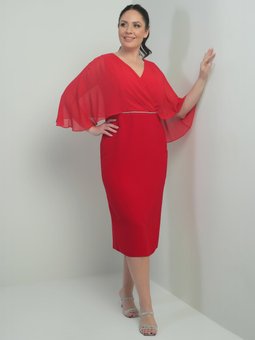 Kırmızı V Yaka Üstü Şifon Drapeli Astarlı Beli Taşlı Büyük Beden Krep Midi Abiye Elbise