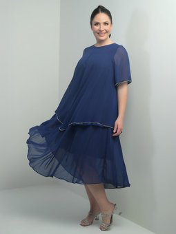 Mavi Kısa Volan Kollu Astarlı Taş Detaylı Büyük Beden Şifon Midi Abiye Elbise