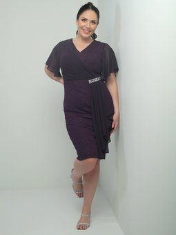 Mürdüm Şifon Kollu Yanı Taşlı Astarlı Büyük Beden Simli Kısa Abiye Elbise