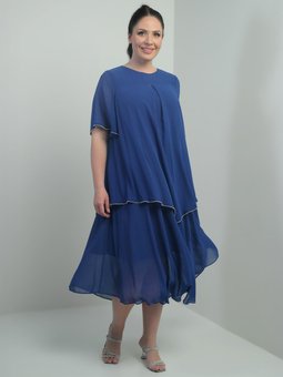 Saks Mavisi Mavi Kısa Volan Kollu Astarlı Taş Detaylı Büyük Beden Şifon Midi Abiye Elbise