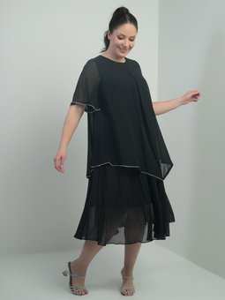 Siyah Kısa Volan Kollu Astarlı Taş Detaylı Büyük Beden Şifon Midi Abiye Elbise