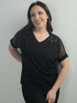 Siyah V Yaka Omuzu Fileli Pullu Büyük Beden Likralı Bluz