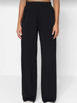 Siyah Wide Leg/rahat Kesim Yüksek Bel Esnek Örme Sandy Geniş Paçalı Oversize Pantolon