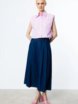 İndigo Uzun Beli Lastikli Pileli Etek