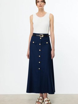 Lacivert Uzun Beli Kemerli Süs Düğmeli Etek