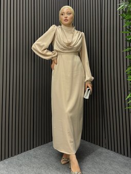 Krem Degaje Abiye Elbise