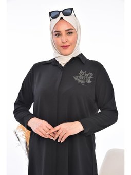 Büyük Beden Yaprak Baskılı Siyah Gömlek Tunik