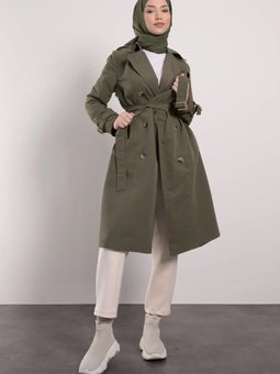 Haki İki Renk Düğme Detaylı Klasik Trençkot