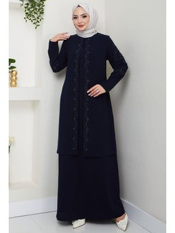 Büyük Beden Boncuklu Taşlı Anne Elbisesi Lacivert Elbise