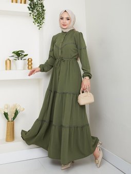 Dantel Detaylı Bel Bağcıklı Haki Ayrobin Elbise