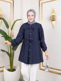 Düğmeli Bağlamalı Lacivert Gömlek