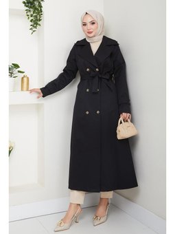 Düğmeli Kuşaklı Siyah Trençkot