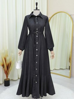 Antrasit Boydan Düğmeli Fırfırlı Kemerli Parçalı Kot Elbise