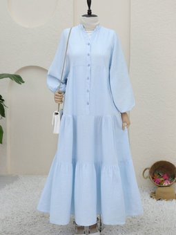 Bebe Mavi Yarım Düğmeli Parçalı Müslin Elbise