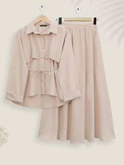 Bej Top Düğmeli Kemerli Etekli Ayrobin İkili Takım