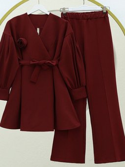 Bordo Çapraz Yaka Gül Detaylı Kemerli İkili Takım