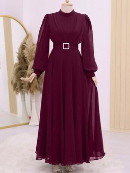Bordo Kemeri Taşlı Önü Pileli Elbise