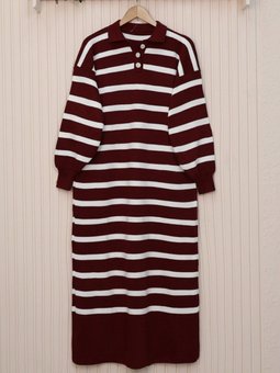 Bordo Polo Yaka Düğmeli Triko Elbise