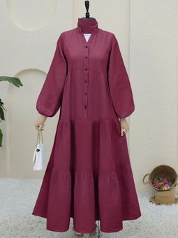 Bordo Yarım Düğmeli Parçalı Müslin Elbise