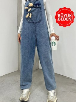 Buz Mavi Ayıcık Detaylı Askılı Yanları Düğmeli Kot Tulum