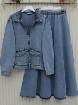 Buz Mavi Boydan Fermuarlı Cebi Taş Detaylı Kot İkili Takım