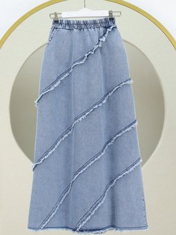 Buz Mavi Uzun Püskül Detaylı Beli Lastikli Kot Etek