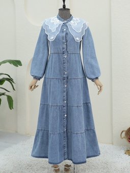 Buz Mavi Yakası Organze Tül Detaylı Kot Elbise