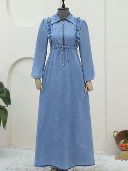 Buz Mavi Yarım Fermuarlı Tünel Bağcıklı Kot Elbise