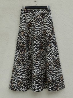 Ekru Uzun Leopar Desen Beli Lastikli Scuba Etek