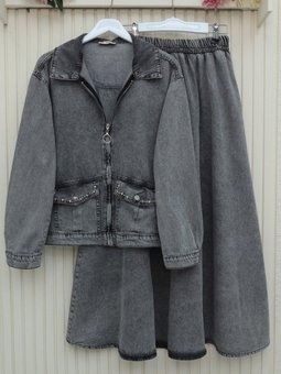 Füme Boydan Fermuarlı Cebi Taş Detaylı Kot İkili Takım