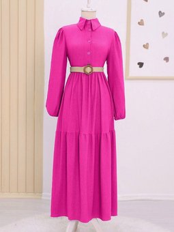 Fuşya Parçalı Yarım Düğmeli Kemerli Krinkıl Elbise