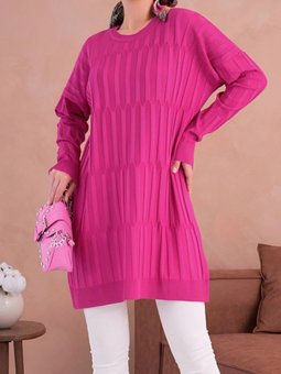 Fuşya Yuvarlak Yaka Kalın Çizgili Salaş Triko Tunik