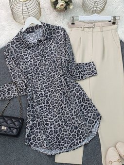 Gri Leopar Desen Düğmeli Oval Kesim Gömlek