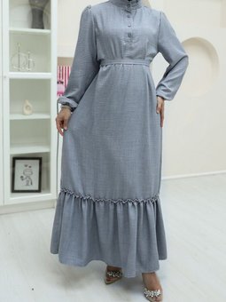Gri Yakası Fırfırlı Düğme Detaylı Eteği Parçalı Keten Elbise