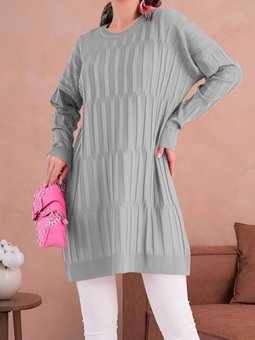 Gri Yuvarlak Yaka Kalın Çizgili Salaş Triko Tunik