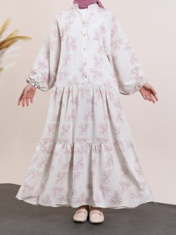 Gül Kurusu Dik Yaka Yarım Düğmeli Keten Elbise