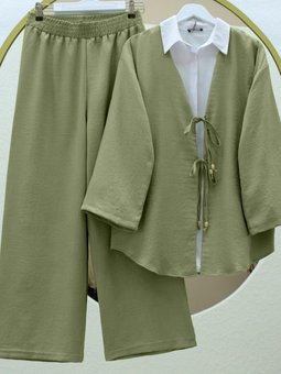 Haki Önü Çift Bağlamalı Pantolonlu Kimono İkili Takım