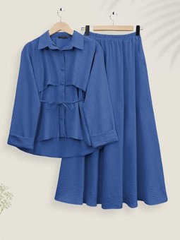 İndigo Top Düğmeli Kemerli Etekli Ayrobin İkili Takım