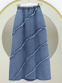 İndigo Uzun Püskül Detaylı Beli Lastikli Kot Etek