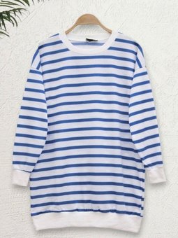 İndigo Yan Çizgili Bisiklet Yaka Sweat