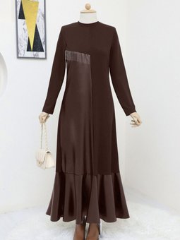 Kahve Deri Detaylı Metal Zincirli Elbise