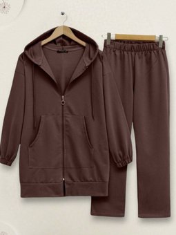 Kahve Fermuarlı Kapüşonlu Penye İkili Takım