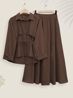 Kahve Top Düğmeli Kemerli Etekli Ayrobin İkili Takım