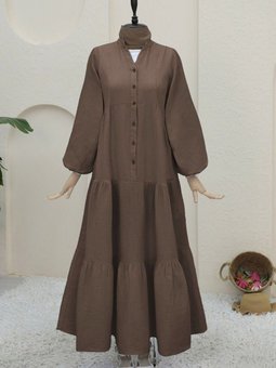 Kahve Yarım Düğmeli Parçalı Müslin Elbise